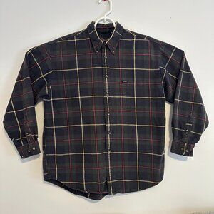 Izod Casual Button Down Mens large Navy Green Plaid Rugged Flannel Shirt